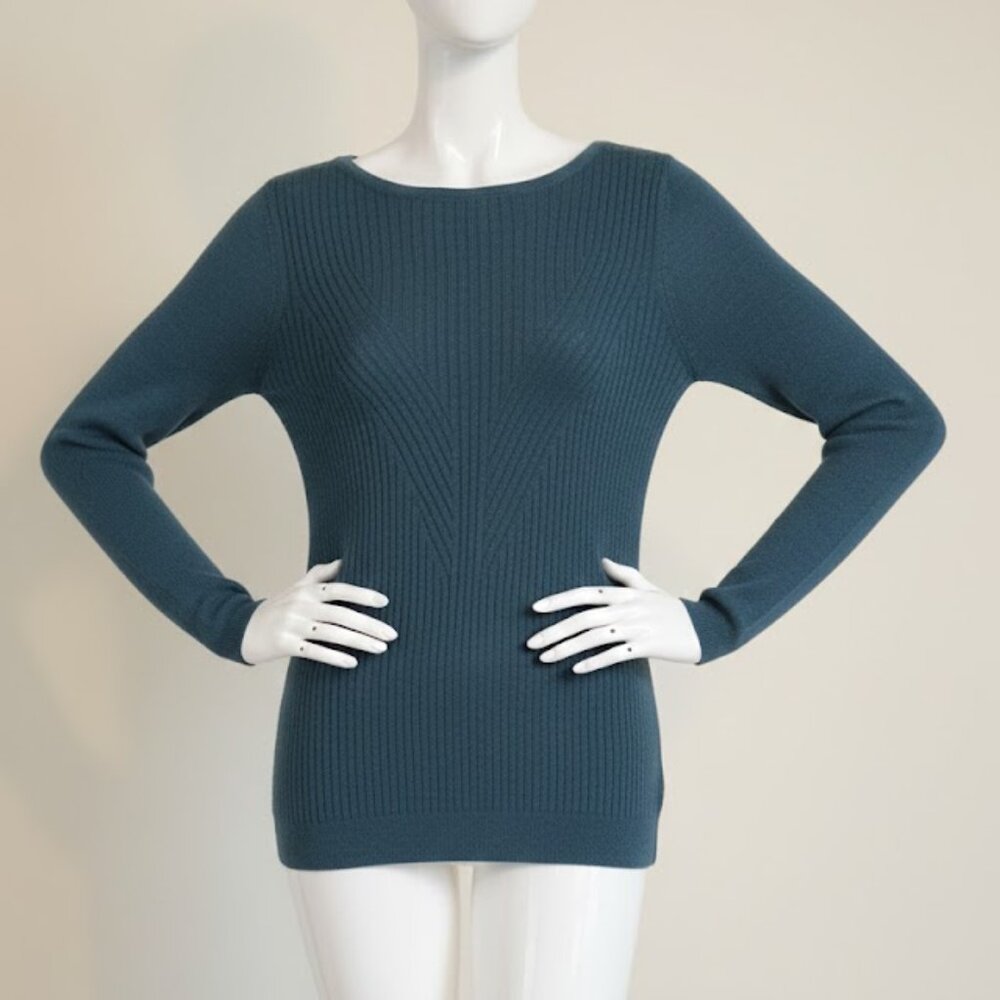 Cynthia Rowley 100% Extra Fine Merino Wool Sweater Blue Chevron SZ M Chic